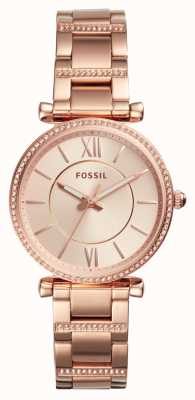 Fossil carlie femme | cadran or rose | ensemble en cristal | bracelet en acier inoxydable or rose ES4301