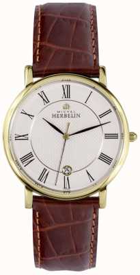 Herbelin Cadran blanc classique (38 mm) / bracelet en cuir marron 12248P08MA