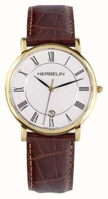 Herbelin Cadran blanc classique (38 mm) / bracelet en cuir marron 12248P08MA