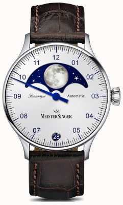 MeisterSinger Pangea lunascope cadran argenté bracelet en cuir marron LS901