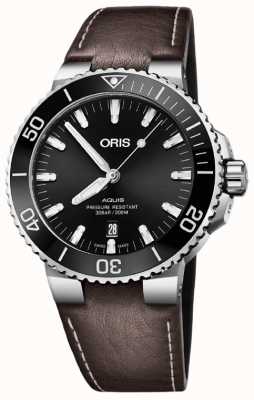 ORIS Aquis date automatique (43,5 mm) cadran noir / bracelet cuir marron 01 733 7730 4134-07 5 24 10EB