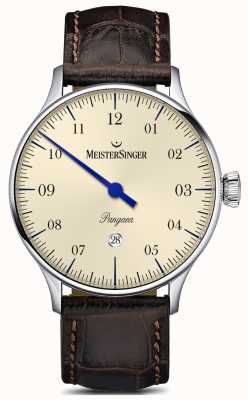 MeisterSinger Bracelet en alligator marron Pangea Date Cadran ivoire PMD903
