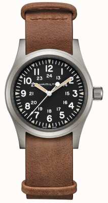 Hamilton | champ kaki mécanique | cadran noir | bracelet en cuir marron H69439531