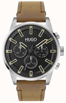 HUGO #recherche | cadran noir | bracelet en cuir marron 1530150