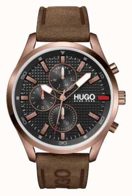 HUGO #chase ip or rose pour hommes | cadran noir | montre bracelet en cuir marron 1530162