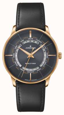 Junghans Verre saphir Meister worldtimer | bracelet en cuir marron | cadran noir 27/5013.02