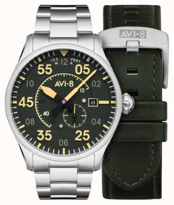 AVI-8 Spitfire | automatique | bracelet en acier inoxydable à cadran vert | bracelet en cuir supplémentaire AV-4073-22