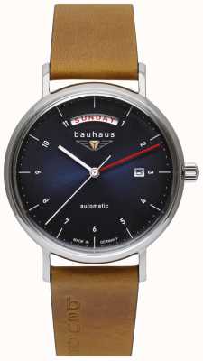 Bauhaus Bracelet homme en cuir italien marron | cadran bleu | automatique | jour/date 2162-3