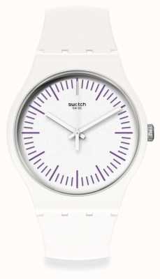 Swatch Whitenpurple | bracelet en silicone blanc et violet | cadran blanc | marqueurs violets SUOW173