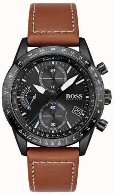 BOSS Hommes | édition pilote | chrono | cadran noir | cuir marron 1513851