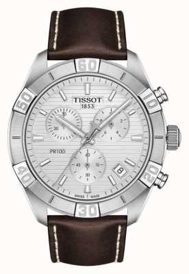 Tissot Pr100 sport | chronographe | cadran argenté | bracelet en cuir marron T1016171603100
