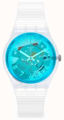 Swatch Retro-bianco | bracelet en silicone blanc | cadran bleu transparent GW215