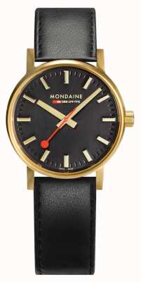 Mondaine Evo2 or 30 mm | bracelet en cuir noir | cadran noir | étui ip or MSE.30120.LB