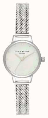 Olivia Burton Mini cadran en nacre blanche, marqueurs scintillants et montre en maille bouclée argentée OB16MN04