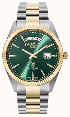 Roamer Primeline day date cadran vert avec bracelet bicolore en or jaune 981662 48 75 90