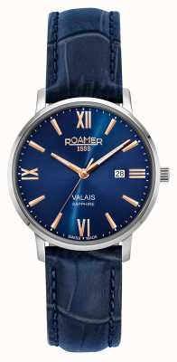Roamer Cadran bleu pour dames du Valais avec bracelet en cuir bleu bâtons en or rose 958844 41 43 05
