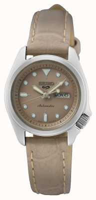 Seiko 5 sports | compact 28 mm | cadran beige | bracelet en cuir beige | montre automatique SRE005K1