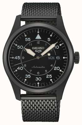 Seiko 5 montres sport flieger automatique cadran noir bracelet milanais noir SRPH25K1