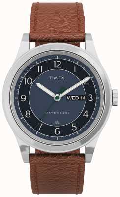 Timex Waterbury jour traditionnel date 39 mm acier inoxydable cadran bleu bracelet carmel TW2U90400
