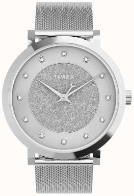Timex Opulence céleste pour femme, boîtier argenté de 38 mm / cadran argenté à paillettes avec cristaux TW2U67000