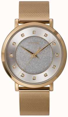Timex Opulence céleste pour femme, boîtier doré de 38 mm, cadran argenté à paillettes avec index en cristal et bracelet en maille dorée TW2U67100