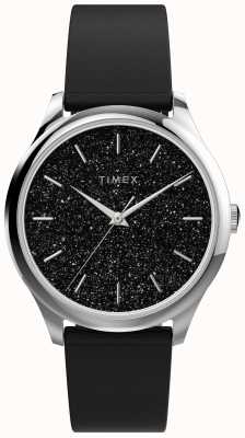 Timex Boîtier argenté avec cadran à paillettes noires et bracelet noir TW2V01100