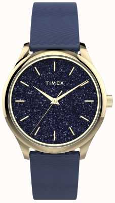 Timex Boîtier doré avec cadran à paillettes bleu marine et bracelet bleu marine TW2V01200
