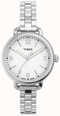 Timex Boîtier argenté demi-standard de 30 mm pour femme, cadran blanc, bracelet argenté TW2U60300