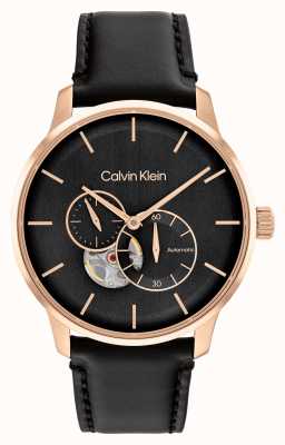Calvin Klein Bracelet cuir montre automatique noir et or rose pour homme 25200074
