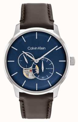 Calvin Klein Montre automatique pour homme avec bracelet en cuir marron et cadran bleu 25200075