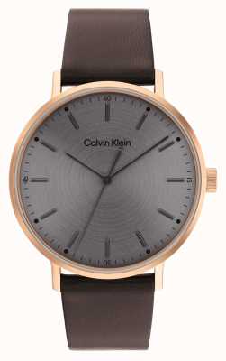 Calvin Klein Cadran gris soleillé pour homme | bracelet en cuir marron 25200051