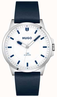 HUGO #première masculine | cadran blanc | bracelet en cuir bleu 1530245