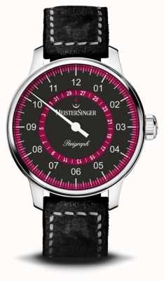 MeisterSinger Cadran périgraphe noir/rouge bracelet couture main vintage noir AM1002R