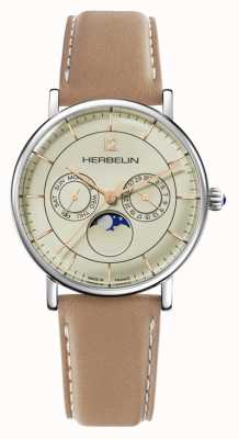 Michel Herbelin L'inspiration masculine | cadran phase de lune champagne | bracelet en cuir beige 12747AP17TR