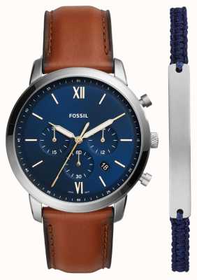 Fossil Chrono neutre homme | coffret cadeau bracelet | cadran bleu | bracelet en cuir marron | FS5708SET