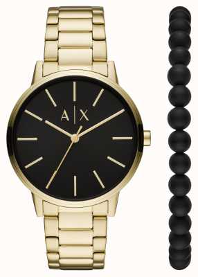 Armani Exchange Coffret montre et bracelet pour homme | montre en acier inoxydable doré | bracelet perlé noir AX7119