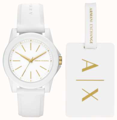 Armani Exchange Femme | coffret cadeau montre et étiquette de bagage | bracelet en silicone blanc AX7126