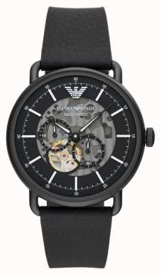 Emporio Armani Automatique pour hommes | cadran noir transparent | bracelet en cuir noir AR60028