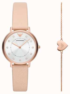 Emporio Armani Coffret cadeau femme | montre bracelet cuir rose | bracelet ton or rose AR80058