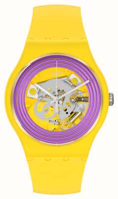 Swatch Montre cadran squelette jaune anneaux violets SO29J100