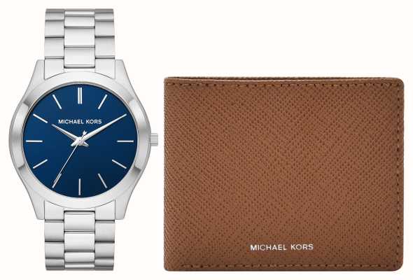 Michael Kors Porte-monnaie assorti à la montre en acier à cadran bleu fin des défilés MK1060SET
