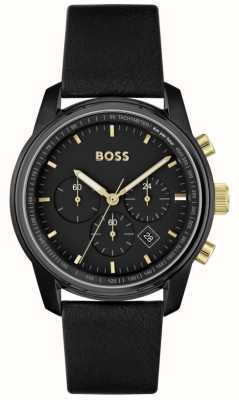 BOSS Tracé masculin | cadran chronographe noir | bracelet en cuir noir 1514003